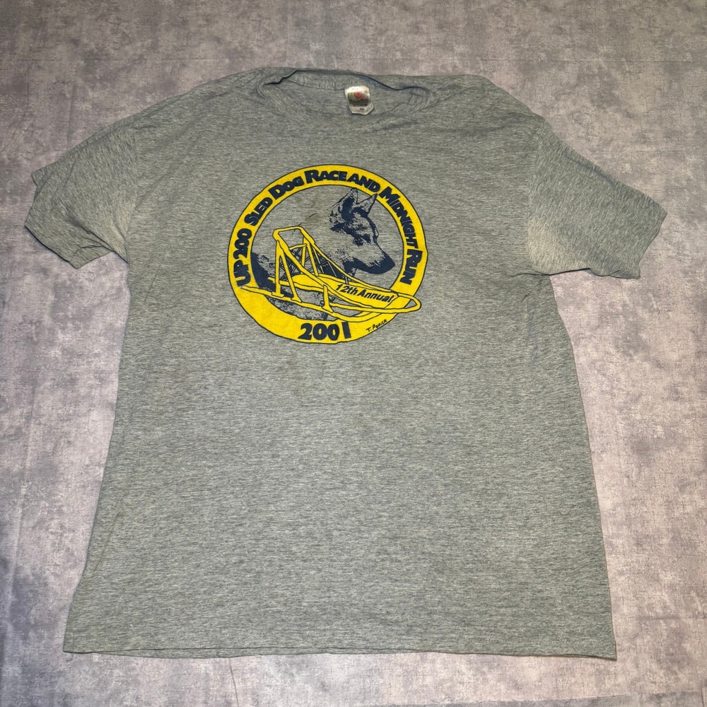Vintage 2001 UP 200 Sled Dog Race T-Shirt XL Gray Michigan Mushing Husky Fruit